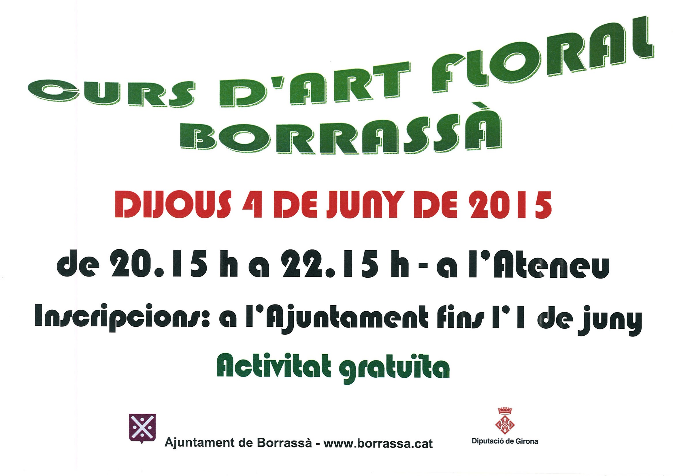 Fins el dilluns 1 de juny, les persones interessades es poden apuntar al Curs d'Art Floral, que es farà el dijous 4 de juny, amb motiu de la preparació de la desena edició de la Fira del Corpus. (La fira tindrà lloc el diumenge 7 de juny).